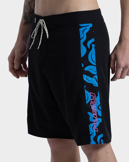 Boardshort Rusty Color Box 18 Preto 4 Way Stretch com Estampa Lateral