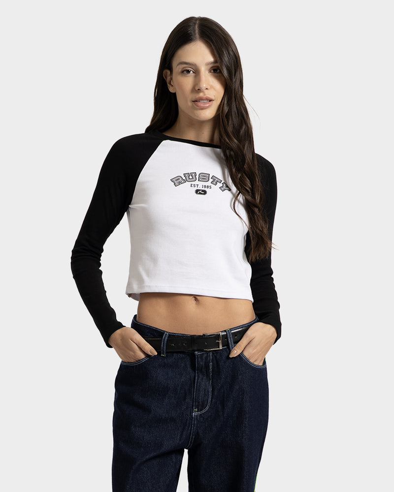 Camiseta Manga Longa Rusty College Drop Feminina Raglan Branca e Preta