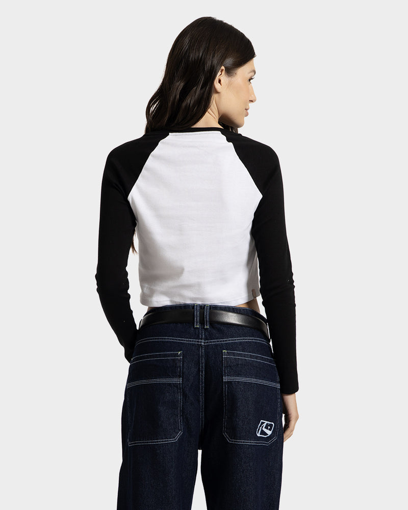 Camiseta Manga Longa Rusty College Drop Feminina Raglan Branca e Preta
