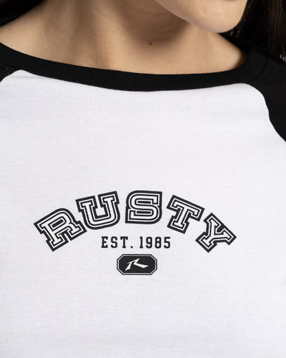 Camiseta Manga Longa Rusty College Drop Feminina Raglan Branca e Preta