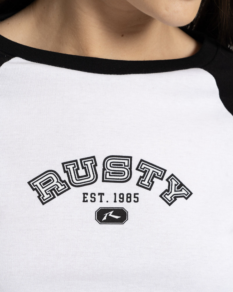 Camiseta Manga Longa Rusty College Drop Feminina Raglan Branca e Preta